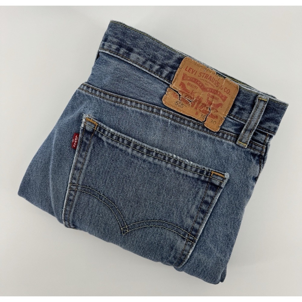 Levi's 505 Size 36x30‎ Blue Denim Jeans Regular Fit Straight Leg Distressed